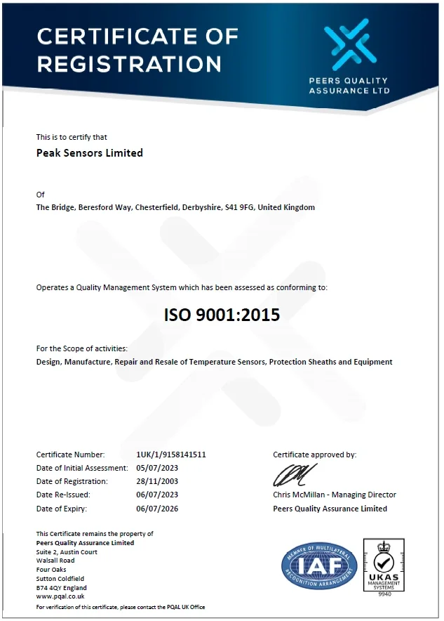 PQAL Certificate of registration for Peak Sensors
