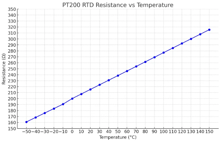 PT200 RTD resistance to temperature chart