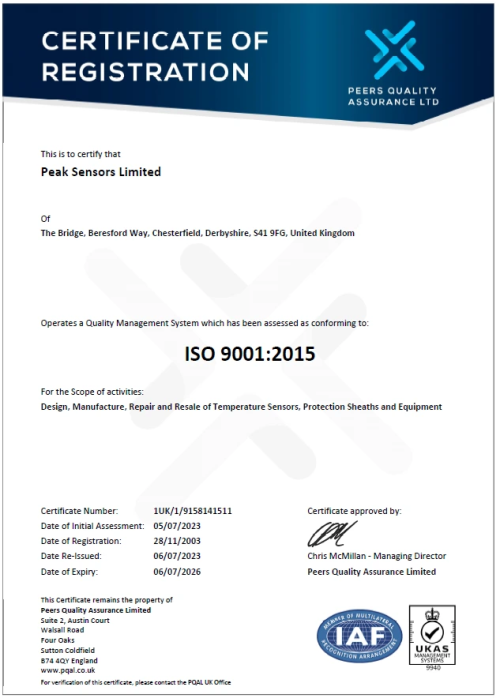 ISO 9001 Approval - Peak Sensors